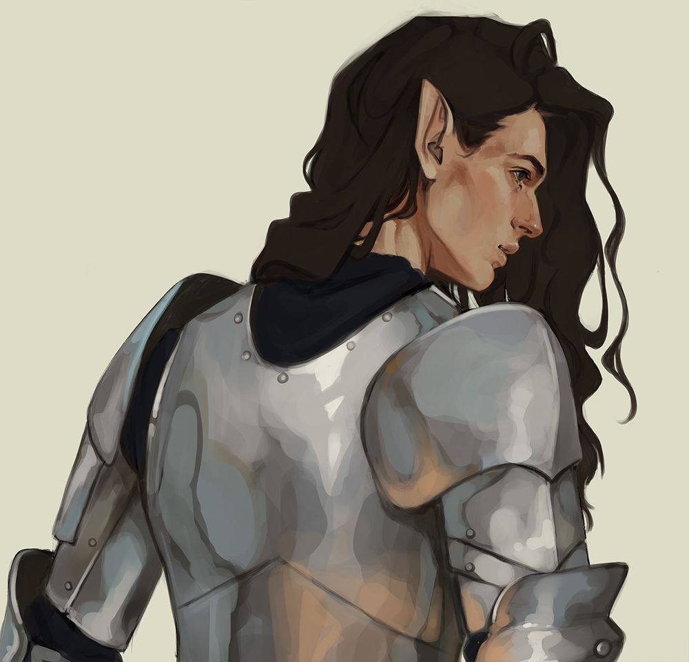 A half elf dungeons and dragons knight (fighter) in heavy plate armor. Her back is facing the audience while her head is turned to the side to show a profile view. Her long dark brown hair hanging low to one side. 