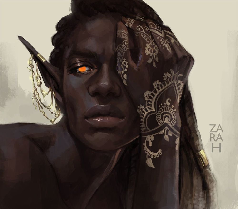 A painting of an elf with dark skin and light henna tattoos