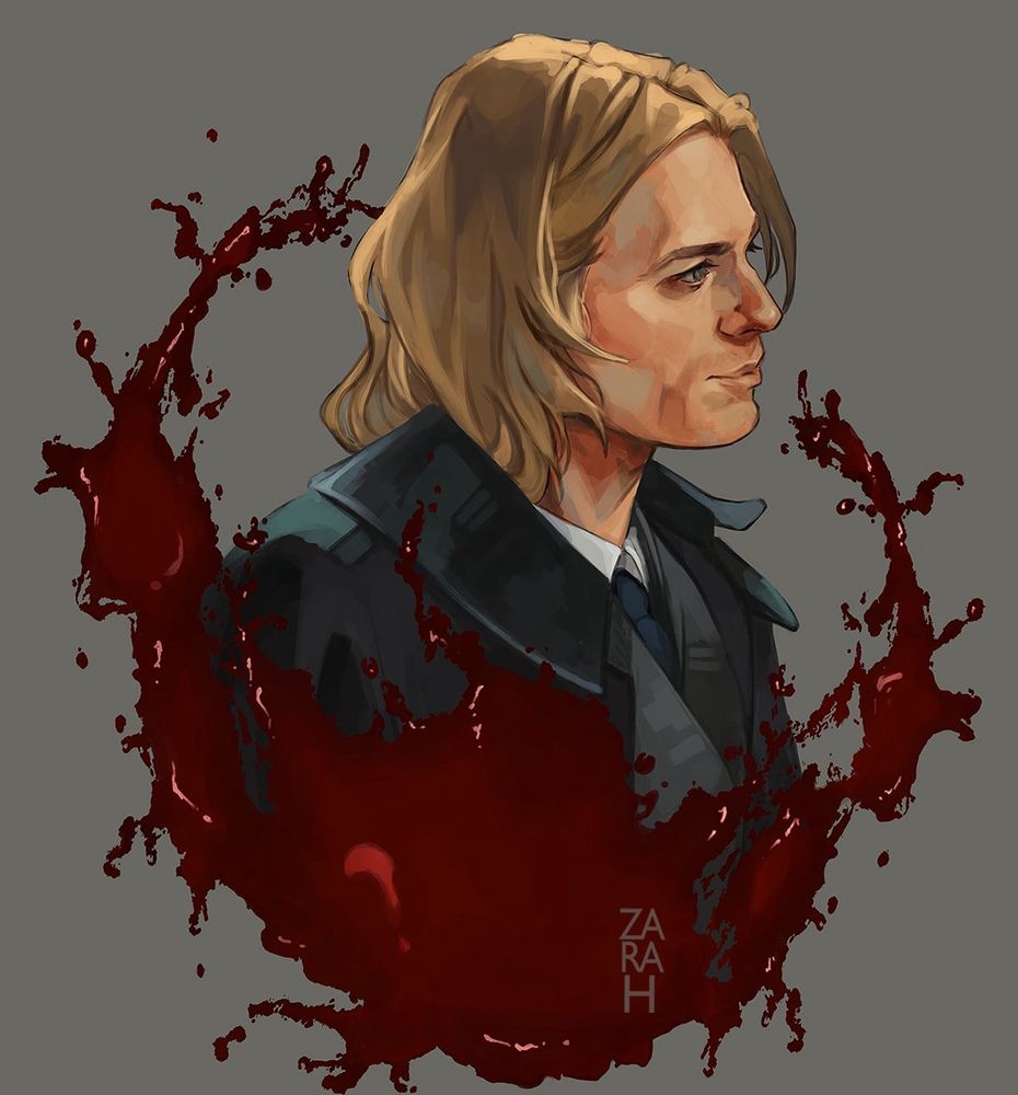Lestat from interview of the vampire show, profile view facing Louis with blood circling him