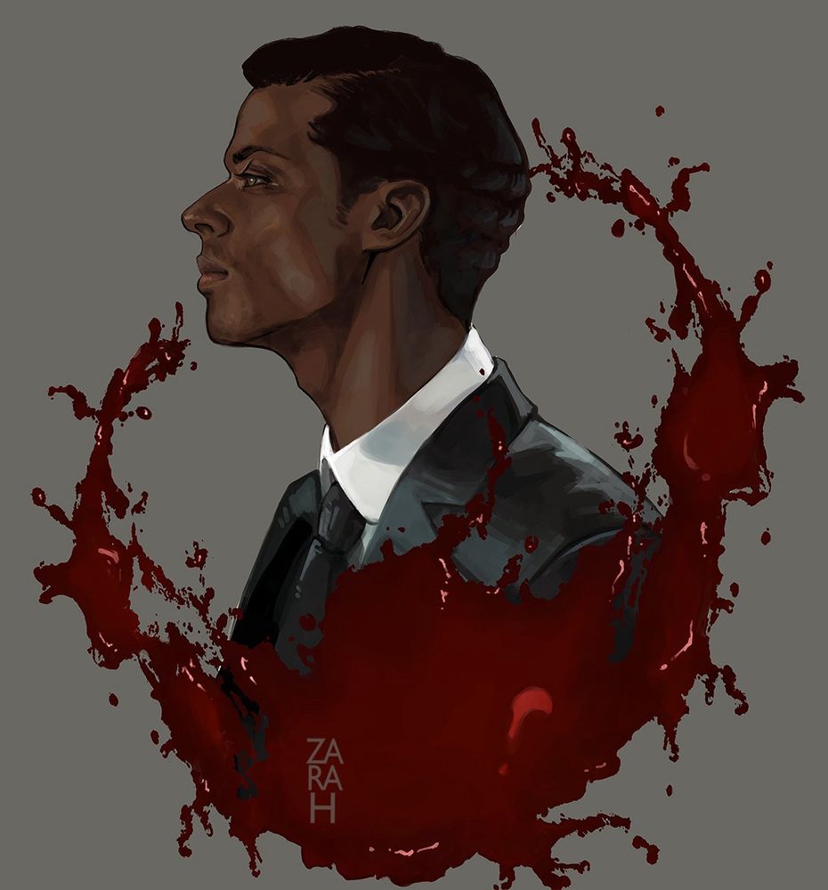 Louis from interview with the vampire show, facing Lestat in a profile view with blood encircling him 