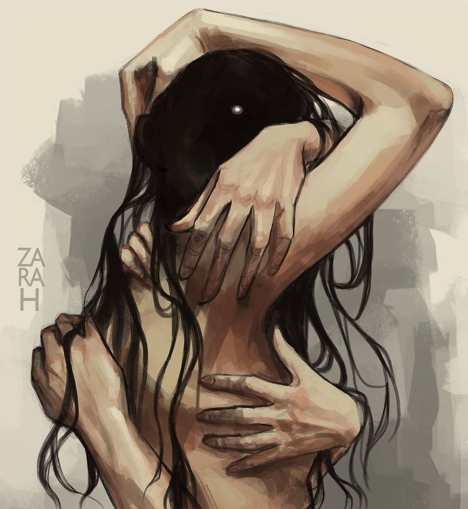 A horror image of a woman with shadow face only revealing one eye as a dot of light, she has her back to the viewer as hands and arms erupt from somewhere within her to wrap around her body. Her long dark hair drapes in strings over her. This is an image of a shadow creature 