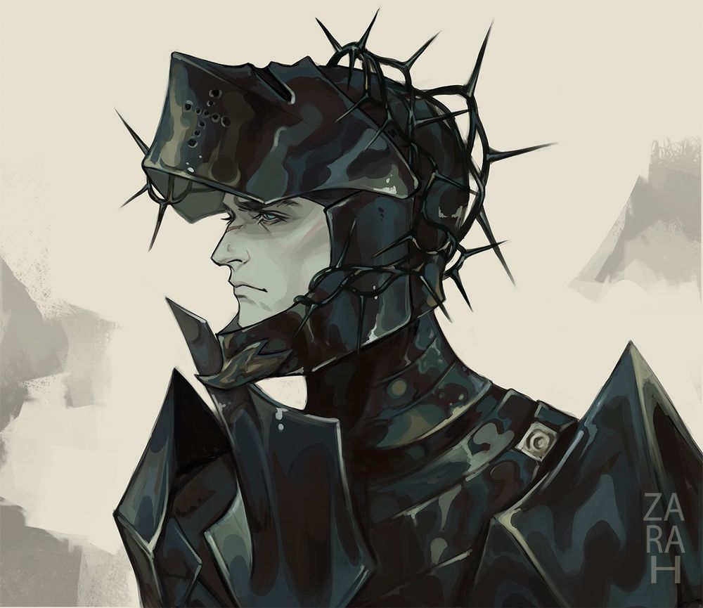 An armored TTRPG fantasy paladin character portrait, chest-up. He’s wearing a dark sharp edged armor and a helmet with the visor up. The helmet has spikes wrapped around it. He has pale aqua green skin and bright blue eyes. His face is in profile view. 