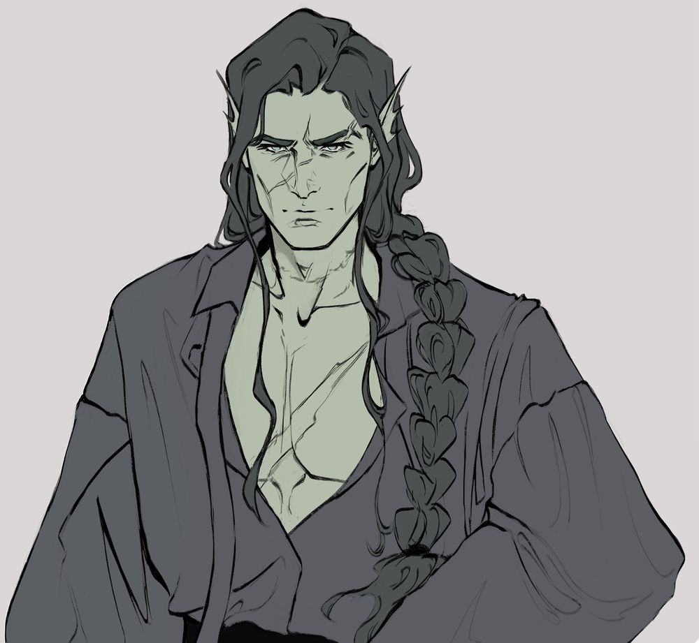 Fantasy paladin male character from pathfinder ttrpg. He has long darker hair that’s in a braid over his left shoulder. He is wearing a billowy fantasy shirt dark shirt, buttoned down to expose part of his chest. His skin is pale green and he has fin-like ears. There’s a scar across his face, chest, and neck. 