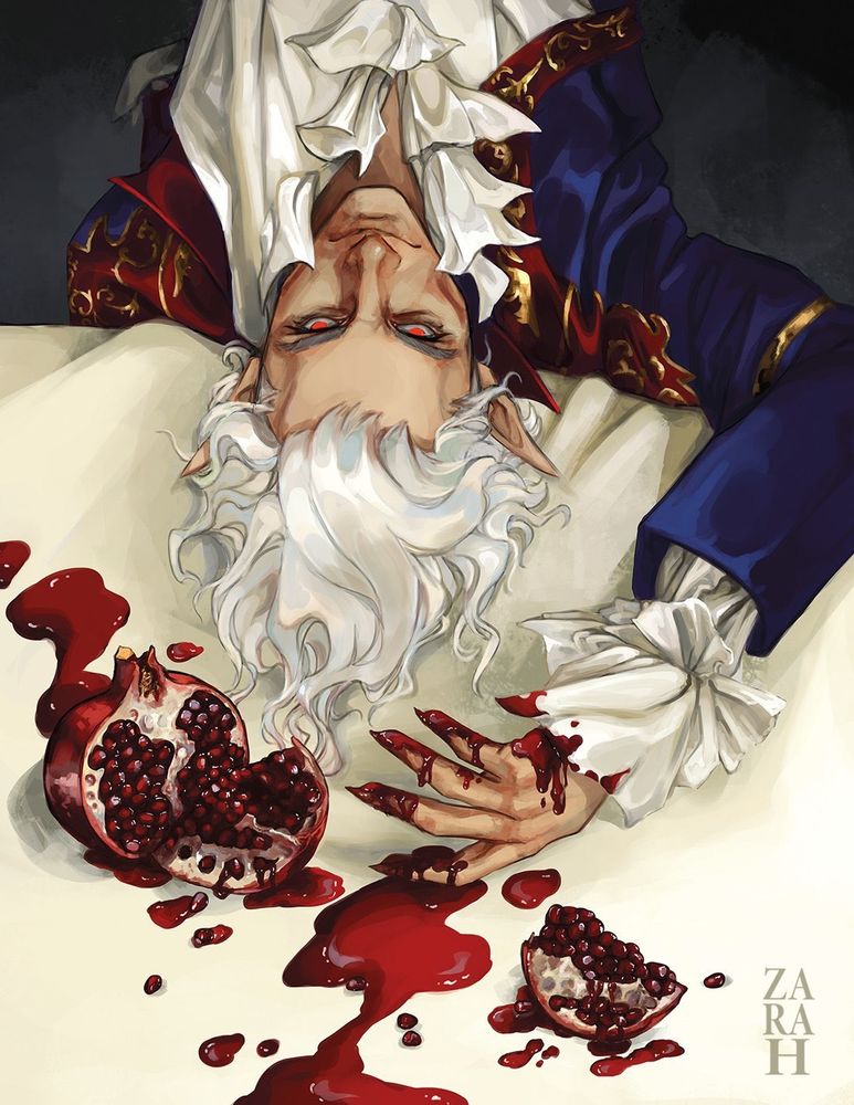 A painting of Astarion from Baulder’s Gate with pomegranates 