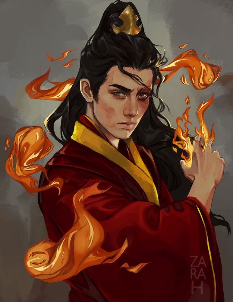 Zuko from Avatar the last airbender, with long hair, fire wirls bending around him 