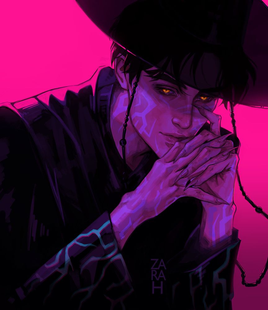 Saja boy Jinu from the movie Kpop demon hunters, posed with his hands together and resting under his chin, one index finger under his eye. He’s wearing the outfit from the song your idol and there’s bright pink light overhauling the image 