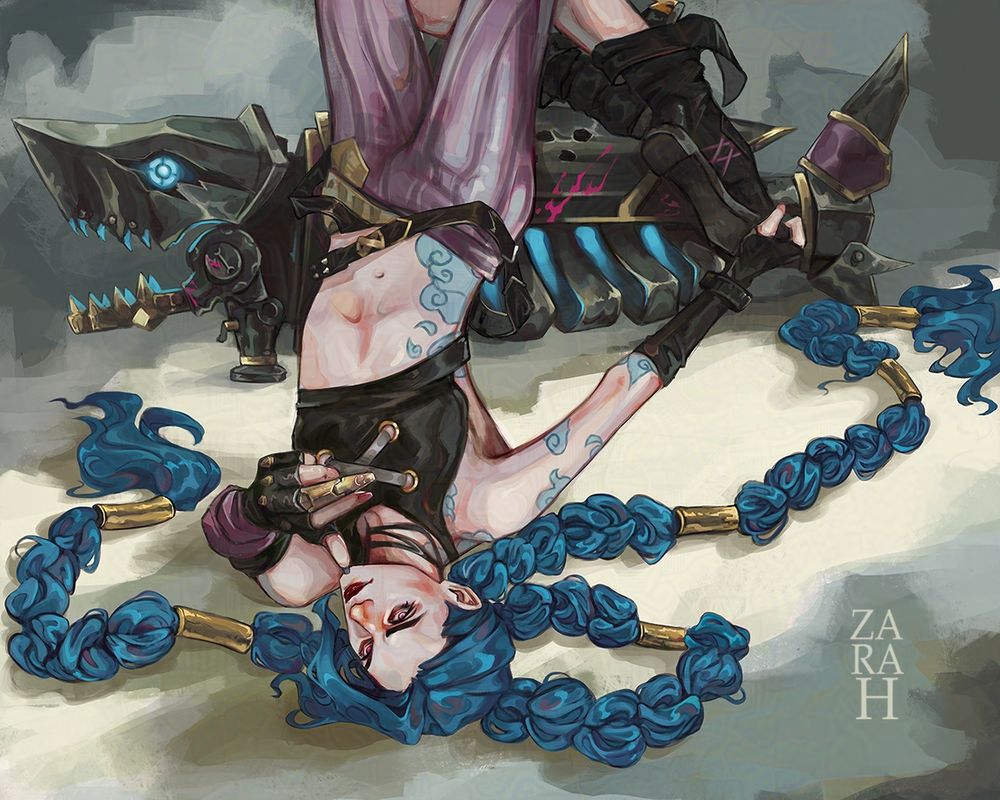 A fan art painting of Jinx from the Arcane series, lying upside down on the frame, her two braids spread out on the ground, her body twisted in a C shape as she points at the camera with her prosthetic finger hand in a hand-gun gesture. Behind her is the rocket launcher 