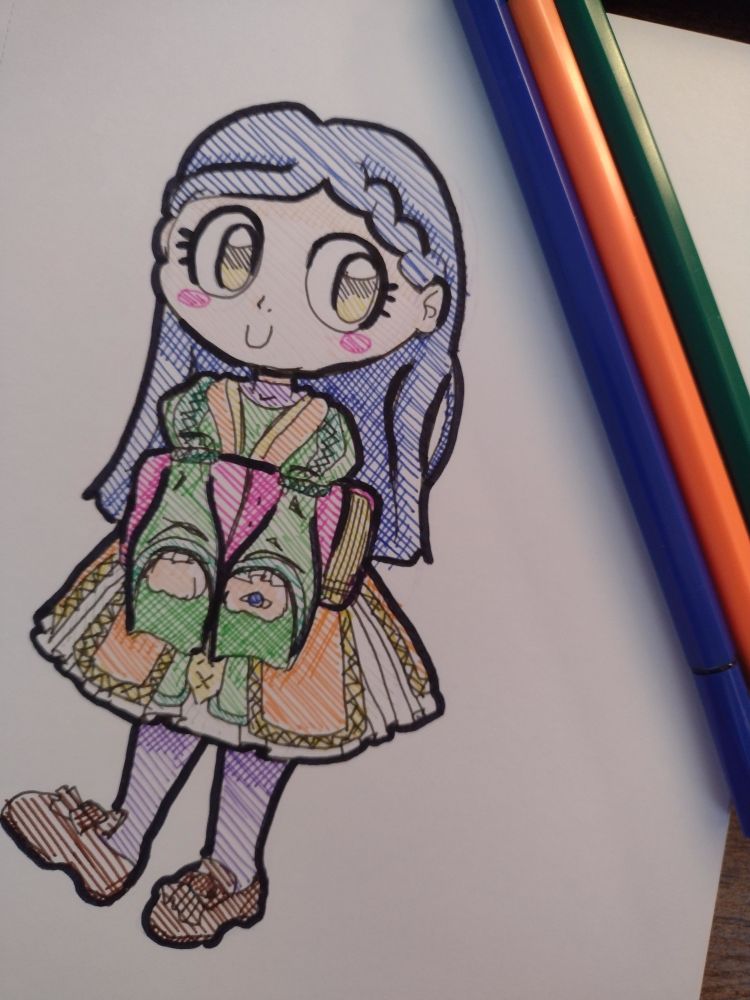 Fine liner pen drawing of Rozemyne in her noble clothing on the cover of Ascendance of a Bookworm Part 3 Volume 2 holding a book