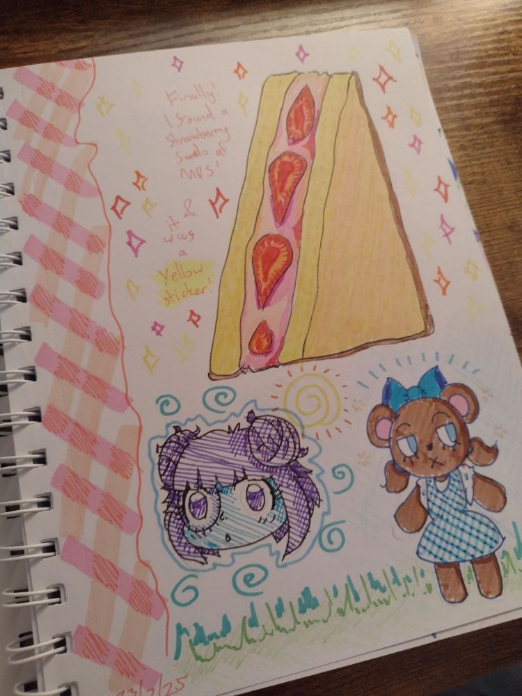 Photo of a page from my sketchbook with the M&S strawberry sandwich, gingham pattern down side of page, a bear in blue bow and dress, and a drawing of my OC Mhairi from Best Fiends Forever, all drawn and coloured with pencils and pens