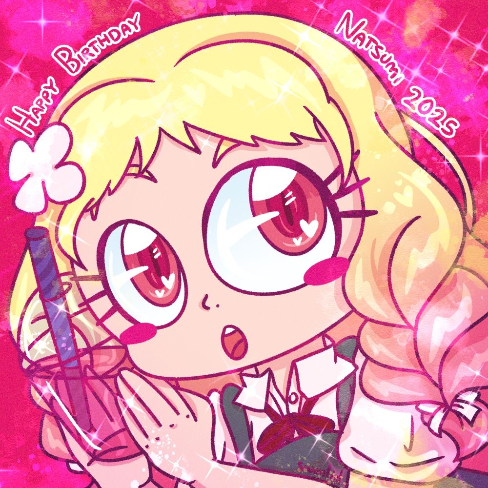 Fan art of Natsumi Onitsuka from Liella / Love Love Superstar with her juice and text "Happy birthday Natsumi 2025"