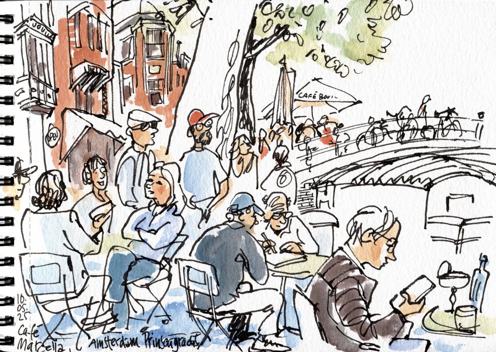 Amsterdam, Prinsengracht, Café, urban sketch, drawing on location