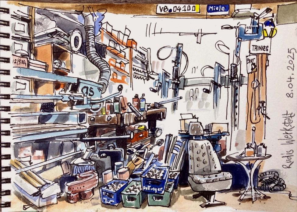 Urbansketch, sketching on location, carpenter's workshop, sketchbook, #afterwork