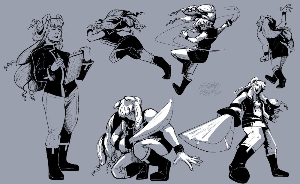 6 digital poses inked: standing with clipboard giving orders, running, sword swinging, walking away angel waving hand in disgust, crouching with sword and then standing above a person pointing her sword down to intimidate.