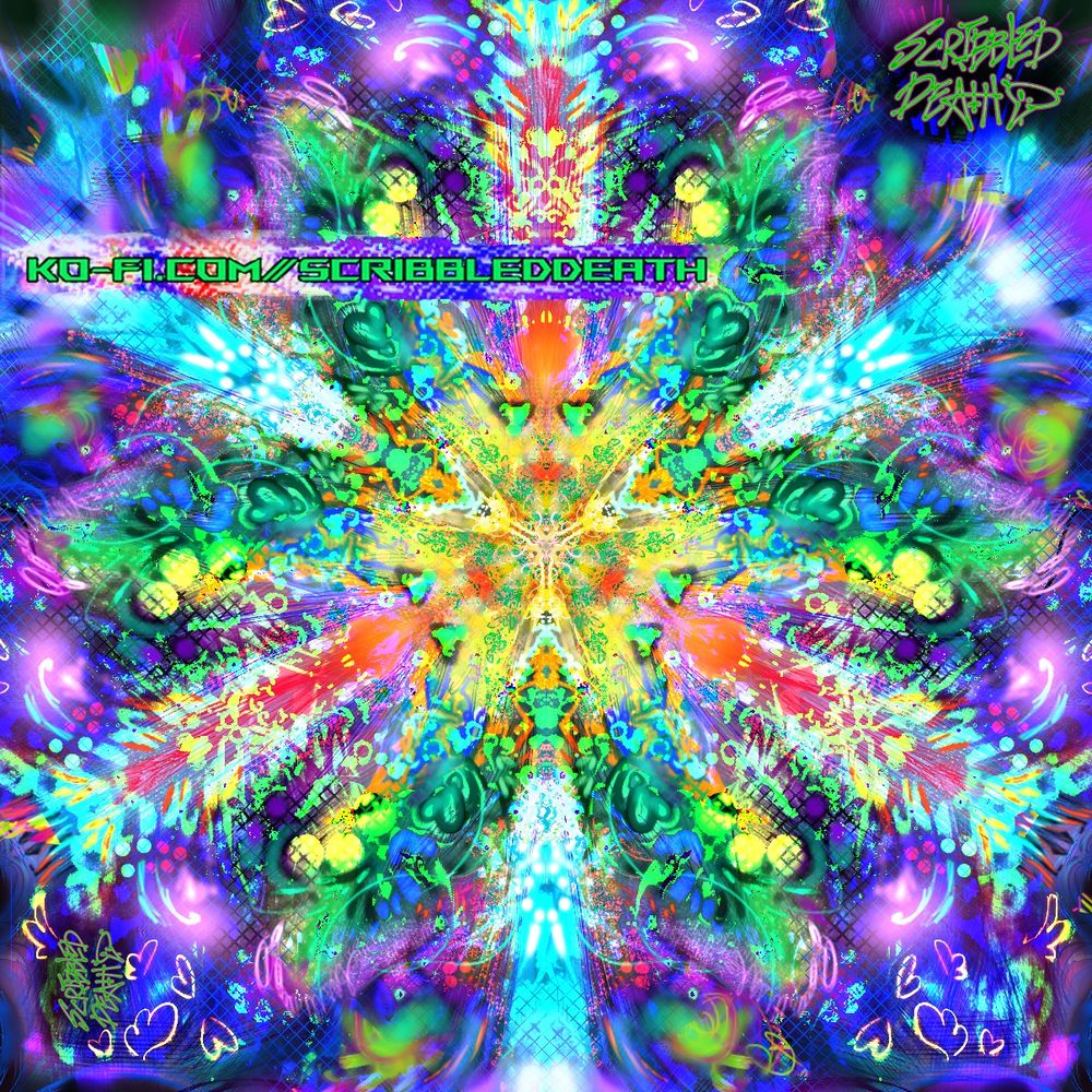 square psychedelic art drawn digitally. bright rainbow color scheme. lots and lots of little squiggles every where, some look like leafy vines, regular swirls, some splatters, triangles and hearts. the lines and squiggles collide in the center and radiate out and around in some hard angled paths, only the small details are curved the rest of the shapes align in many long and short blurred rectangular patches