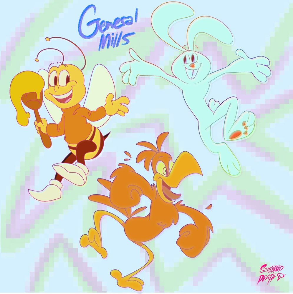 General Mills cereal mascots- Honey Nut Cheerios Bee Buzz, Trix Rabbit, Cocoa Puffs Sonny