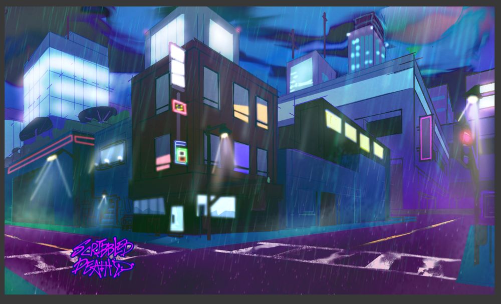 work in progress digital drawing of a rainy city at night. practicing drawing cities for one of my worlds settings, which is earth but the city has more parks and rooftop gardens as seen a little here between the fog and night. No cars or people so far here in this drawing.