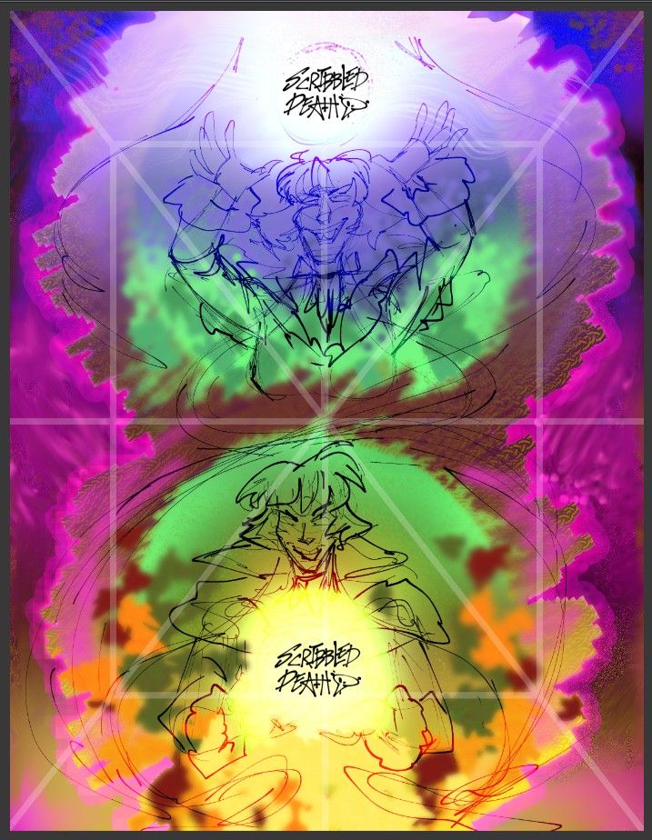 Comic page wip, two artsy scribbly circles for panels like the universe parting, showing the Earth Goddess admiring her work. Holding Earth above her in the top panel, and then holding Earth at her chest, looking down with an evil smirk. She is indeed the villain in my story.