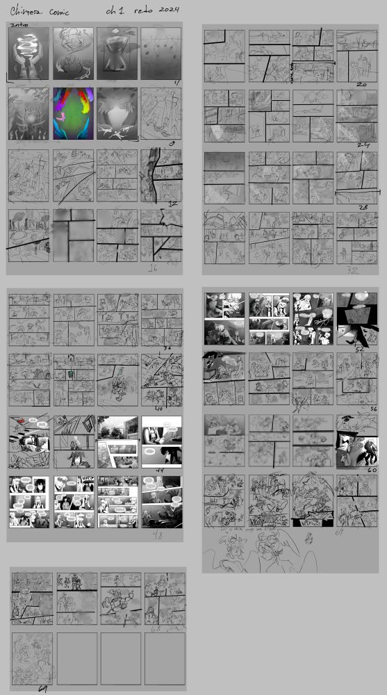 large screenshot of a comic chapter thumbnailed out, the chapter is around 69 pages long, an intro to the world, character inciting incident, banter and some ominous vibes play out~
Story consists of mature themes, mad science and supernatural happenings of half animal people trying to exist. Story follows several main characters and how their lives are deeply intertwined.
Greyscale with pops of color, manga/noir inspired with deeper writing about existentialism and found family when you're an outcast abandoned by people.