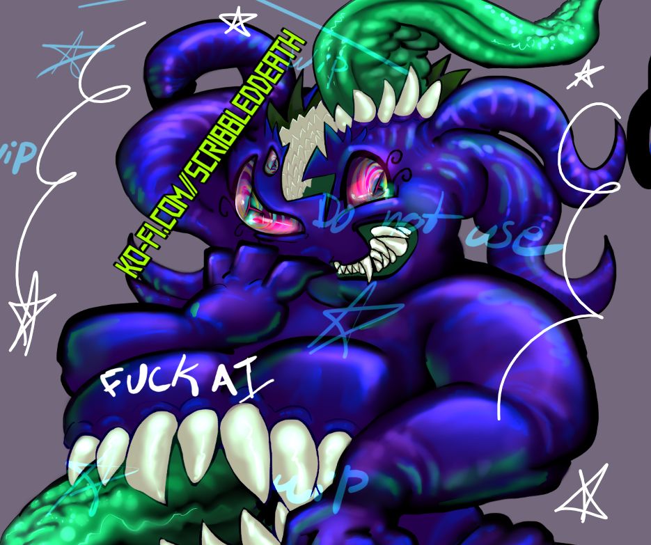 a dark purple, and green, shiny leech monster woman who has many mouths, many teeth and many eyes. shes smiling at you.