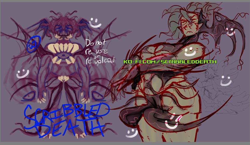rough digital art of a character design. slight thick body build. they have a parasitic flesh being wrapped around their body as weird armor and wings. A large row of teeth protects their chest and pelvis.. tendrils of thick tendons also extend and branch out from the flesh wings.