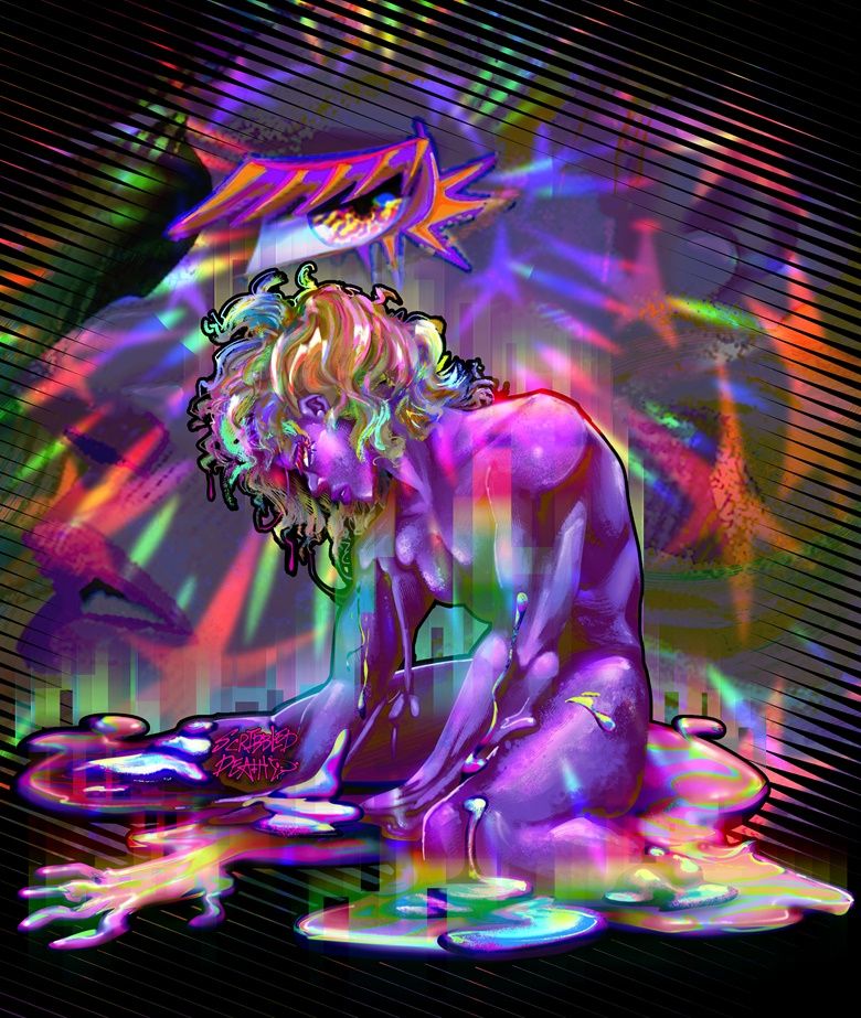 Masculine slime person who is melting into a rainbow puddle. Their hair is wavy rainbows. They are not sad, but look focused on you. Surrounded by glowing rainbow stars. Detailed close up of their eye fades on the background.