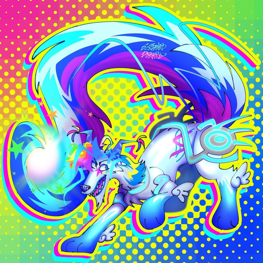 sparkle dog version of my sons Nintala

a borzoi dog with mostly white fur, blue tipped paws and striped tail, hair on head is rainbow wavy short. Their paws have lil cartoon angel wings. They wear a cyber rave like collar , arm bands and large electronic cyber wings on their hips.