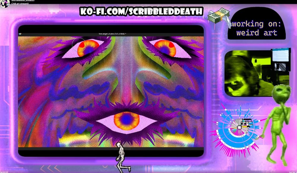 screencap of my twitch stream from a previous art stream-
The stream layout is in the style of a physical old translucent colored plastic over technology, you can see the gold switchboard lines under the purple plastic.

drawing program in the center with soundwaves and pixel CD icon bounces to the music playing, a cartoony green alien dances endlessly on stream, a small pixel skeleton walks around the bottom of the whole screen.

Small window with glitchy green and black filtered webcam of my human face as I draw. Title of stream above reads" working on: weird art" 
Drawing in this stream a multi eyed angel beast.
