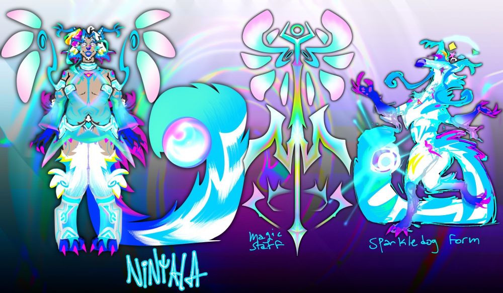 crazy half borzoi character, rainbow and white color scheme, Nintala.
shapeshifter, humanoid or borzoi or something else. Cyber blue rave angel theme