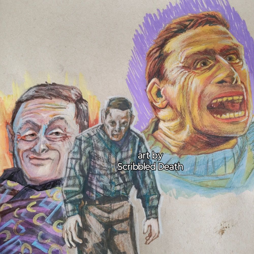 3 mixed media drawings on a tan toned sketchbook. acrylic paint pens , color pencil , fine point colorful permanent markers.

portraits of Tim Robinson, average weird looking white man comedian, short brown hair, always makes weird expressions, very wrinkly.
Here he is smug smirk headshot , screaming from far away, and mout open yelling close up
