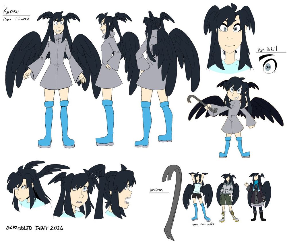 2016 basic ref sheet of Karasu, back to front and back poses, outfits, chibi art, weapon [crow bar] and close up expressions. More like an animation production ref.