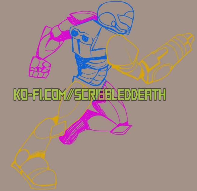 rough sketch of a space man like metal suited character , running, the limbs and torso are split up in 3 sets of layers, separating moving parts. no other color in the lines, soft tan background