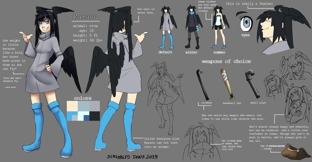 2013 ref sheet of Karasu, basic front and back, weapon examples and a few expressions, lots of random character facts.