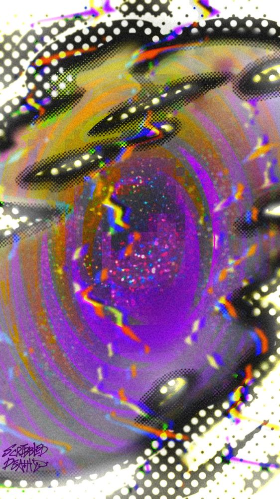 tall vertical abstract art in the nonbinary flag colors. Swirl of sparkles, halftone circles and other glitchy blobs of color. White and black at the edges and then transitions to yellow and purple splats of color.