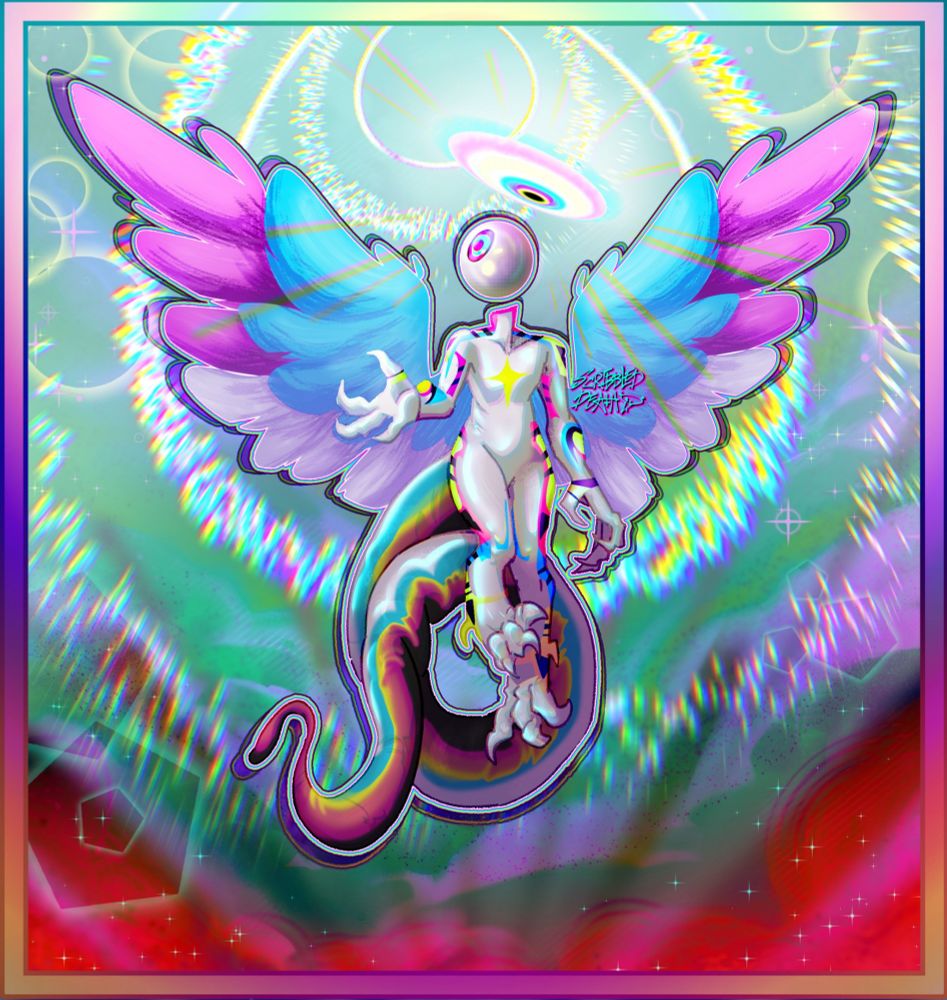 creature floating in a dark blue and red cloudy sparkly void, bright light shines above.
this creature has angel wings and halo in the trans color flag, an opalescent body with a rainbow stripe tail, glitchy rectangular stripes lay up the arms and legs, large monster claws on hands and feet.
No head, single giant eyeball with cymk simple color scheme.

very sparkly, lots of glitter halos against the dark hue