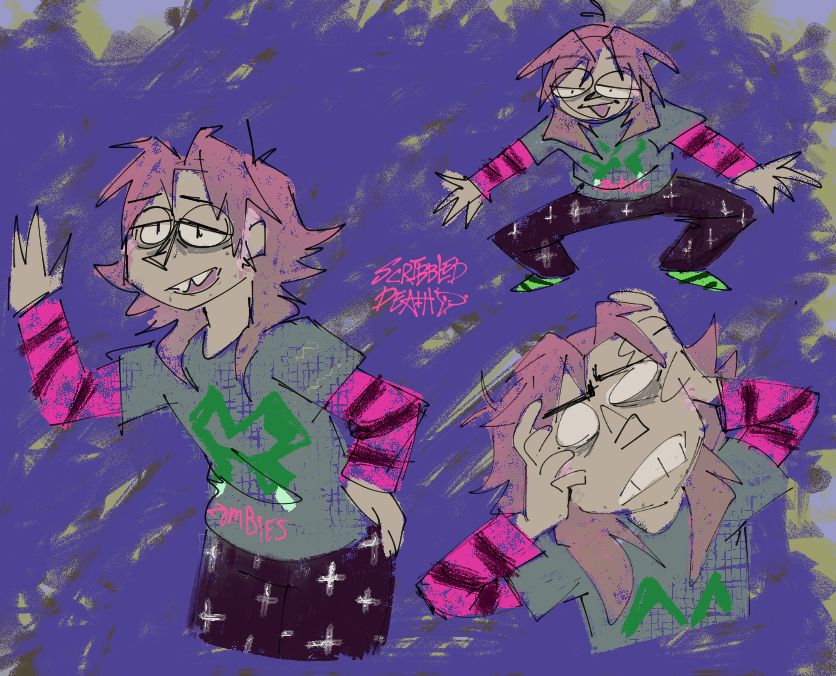 Doodles of my mortal human flesh in different poses. Stressed weirdo who keeps dying their hair pink to say fck it to gender norms. Wearing sweatpants and my fav "I love zombies" shirt.