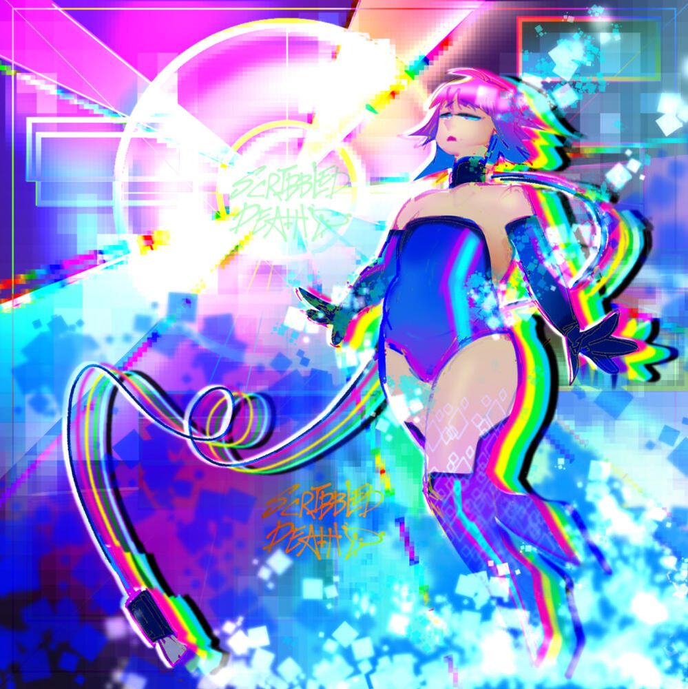 digital bright rainbow glitch art, with an anime woman android to the right. She;s peach tone skin wearing a purple with blue stripped coreset , gloves and knee high boots.
pink hair and blue eyes, a long USB chord is coming from her neck chocker accessory. she is also partly digitally dissolving