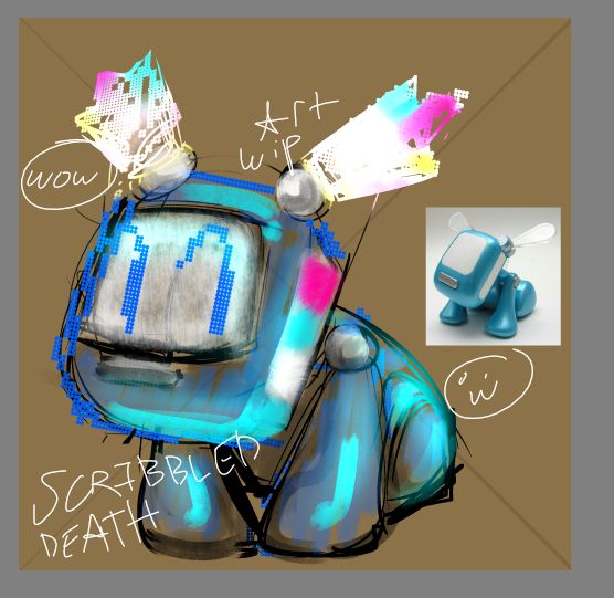 digital sketch of the idog music player/responce toy from the 2000s, redrawn in the style of one of my fursonas. This one is blue with little highlights of the CMYK and trans color schemes