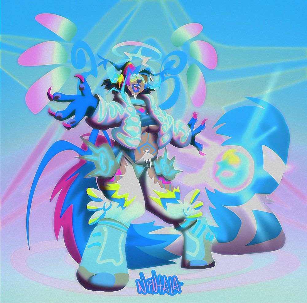 Full body fashion pic of my original character, Nintala, a semi human borzoi. Wearing a puffy holographic winter jacket but that's it. Their body is covered in fur otherwise. In a fin pose with arms stretched out. Retro Y2K vibes.
