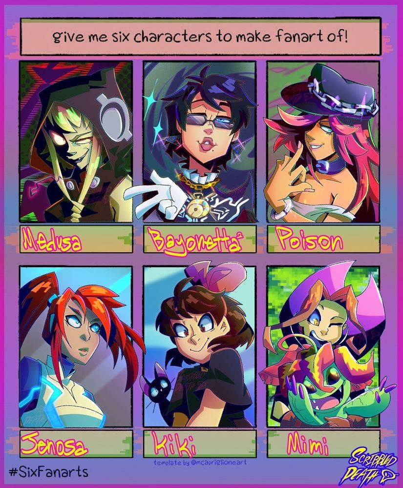 small portrait fanarts of female characters- Medusa, Bayonetta , Poison, Jenosa, Kiki and Mimi with Palmon

Very saturated angular anime style with glitcy abstract backgrounds