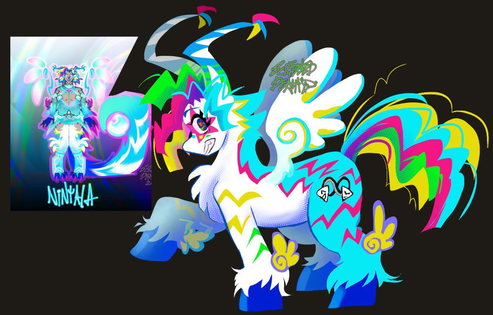 fluffy white my little pony with cyan, yellow , green and pink colors all over their body, in stripes and large patches, fluffy wings. Hair and tail are jagged angular curls split into the 4 colors

they are a lil freak jester, actor, entertainer, has a horn hidden in the hair fluff to do magic, smells like the zebra fruit stripe gum


extra notes- on the left side of their face make up is a pink star, blue circle, yellow square and green triangle- these are just fun basic shapes on my sona to be a reminder of simplistic fun!

mlp cutie mark is a black n rainbow infinity squiggle behind the comedy/ tragedy masks
