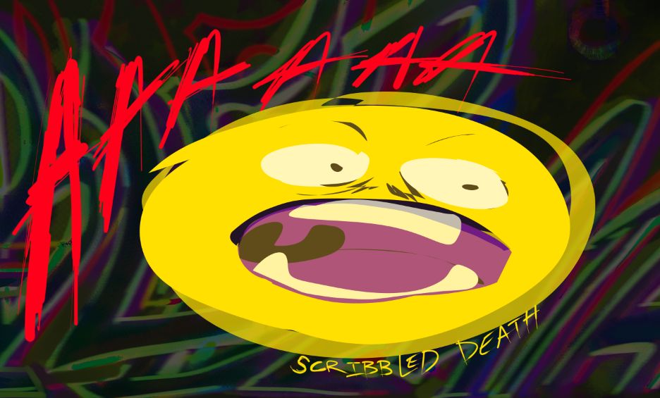 digital doodle, a rough drawn yellow smiley emoji but screaming wide mouth and wide eyes, big red AAAAAAA behind them in a dark swirly void of red, black and green,