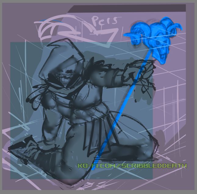 sketch of a buff body with a skeleton skull man, sitting on the floor, post with arm on leg and other holding staff to lean him back, he looks seductive. rough sketch has no colors but a background abstract of purple and blue square

the blue quare almost reselmbles that of a hitbox range of arcade fighting characters, in this case ALL OF HIM is a hit