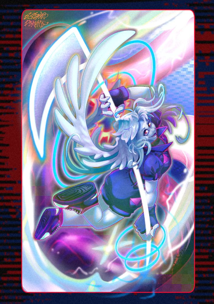tall vibrant colorful illustration , female character wielding a large light scythe. swirling rainbow slashes swing from the scythe She wears a black short sleeve jumpsuit with shorts, fingerless gloves and cool thick sneakers, with touches of pink on the outfit.

Deep hues of blue and red decorate the surrounding of the illustration, monster tentacles swirl in the background.

character looks happy and determined to win a fight~