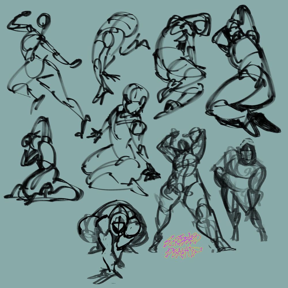 body pose practice, nine various poses, curvy and thick strong body types, very shapely volumetric