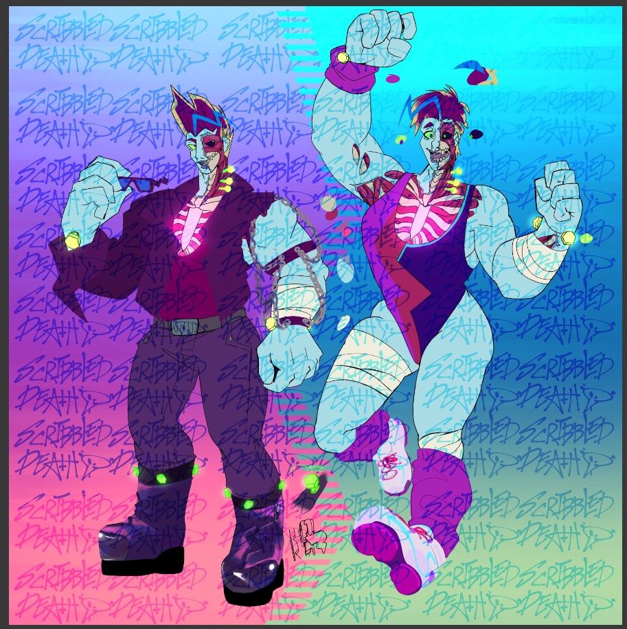 colorful digital art, character design in progress. basic inks and flat colors of a tall thick buff zombie butch lesbian. Wild berry poptart motif, her hair is purple with a streak of blue and bleached edges to look like a poptart.
one outfit is her night club biker outfit, all leather purple outfit, left sleeve torn off revealing her thick beefy blue arm and a chain arm sleeve.
Other outfit is her 80s jazzercise look, her day job teaching a workout class. Purple and pink zigzag leotard, you can see her exposed rib cage and a red glow from the zombie flesh breaking away. Wearing also white and pink tennis shoes with pink leg warmers.
Like Frankenstein she also has large bolts in her neck, in this case neon translucent green, 3 of them only on her left side of neck where muscles are exposed.