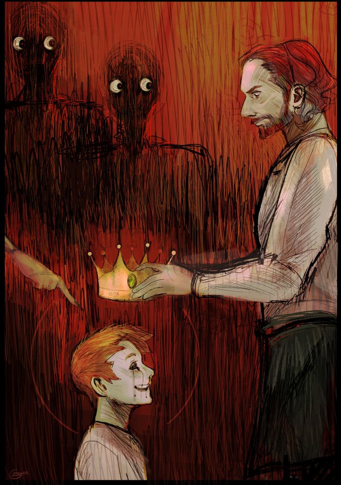 An illustration of Macbeth reluctantly crowning Banquo's son, the boy's face a picture of glee as black tears stream down his face. Dark sketchy figures watch them in the background and a hand points down at the boy's head. The background is a stark red. 