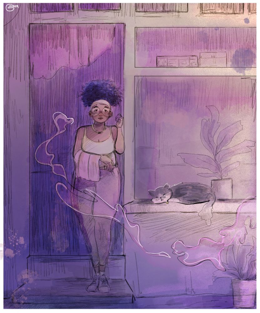 An illustration of my OC Beatrice (a dark skinned woman with black curly hair and in a casual vest and jeans with massive glasses) looking out the door of the cafe she works at during sunset. Cigarette smoke wafts from off-frame and a cat lazes on the windowsill. 