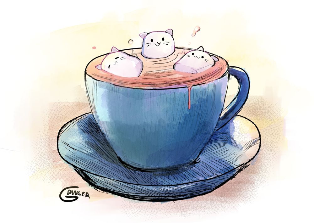 An illustration of a cup of coffee in a blue cup with marshmellow cats floating inside. 