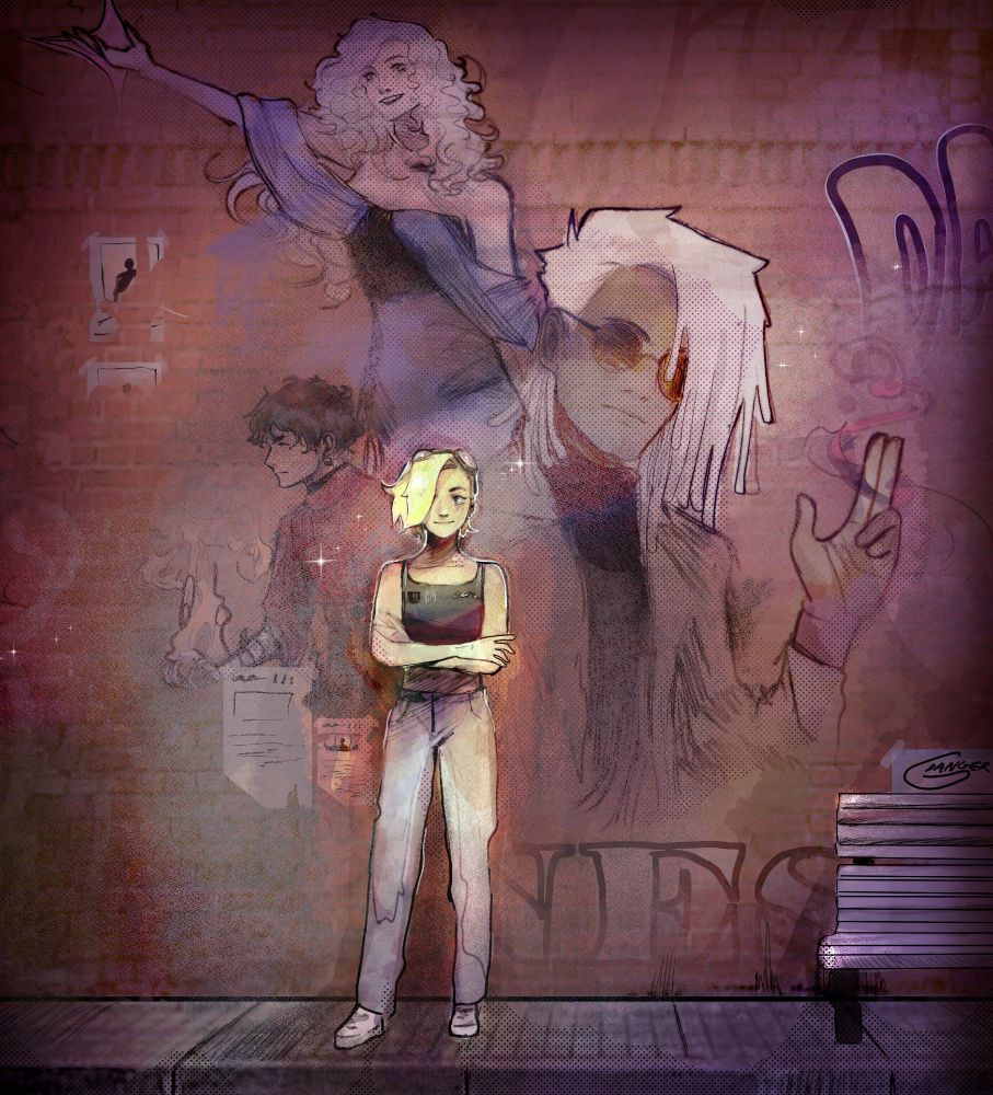 An androgynous looking teen with short blonde hair and goggles on their head wearing a black vest and jeans stands in front of a mural painted on a concrete wall by a street. It's of a man with white dreads and circular sunglasses, a smiling woman with white hair and a blue dress and boy in a red outfit with a serious look on his face. They all seem to be wielding magic. 