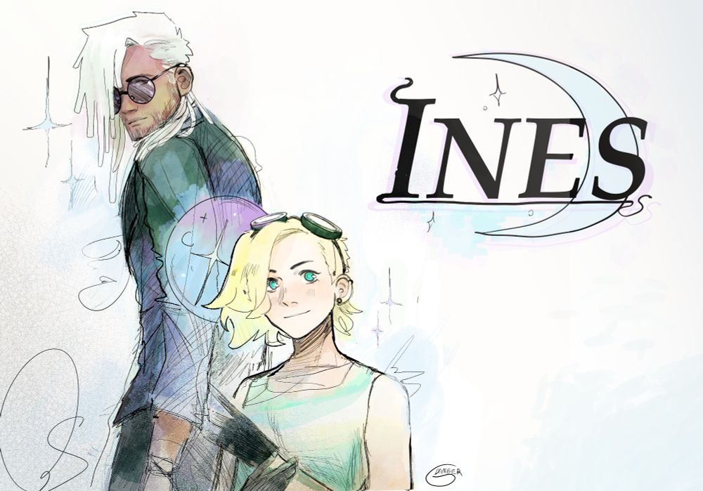An illustration of my OCs Marie and Claude with the title "Ines" next to them, the title of the story I'm working on where they feature as main characters. 
